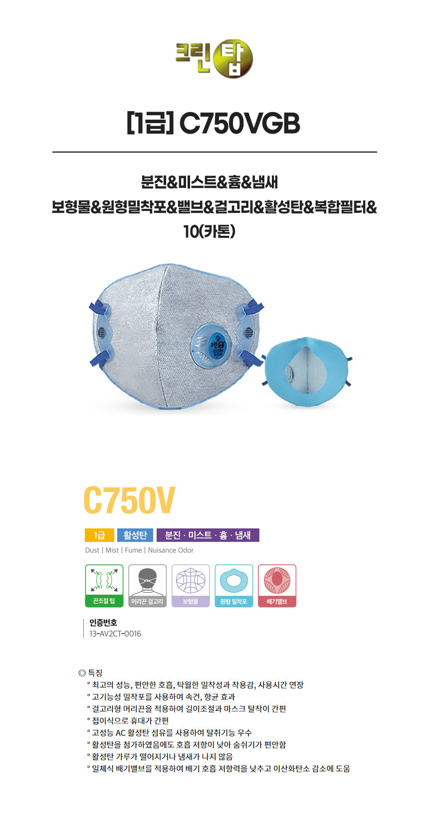 C750VGB/1급/크린탑/분진&미스트&흄&냄새/보형물&원형밀착포&밸브&걸고리&활성탄&복합필터/10(카톤)