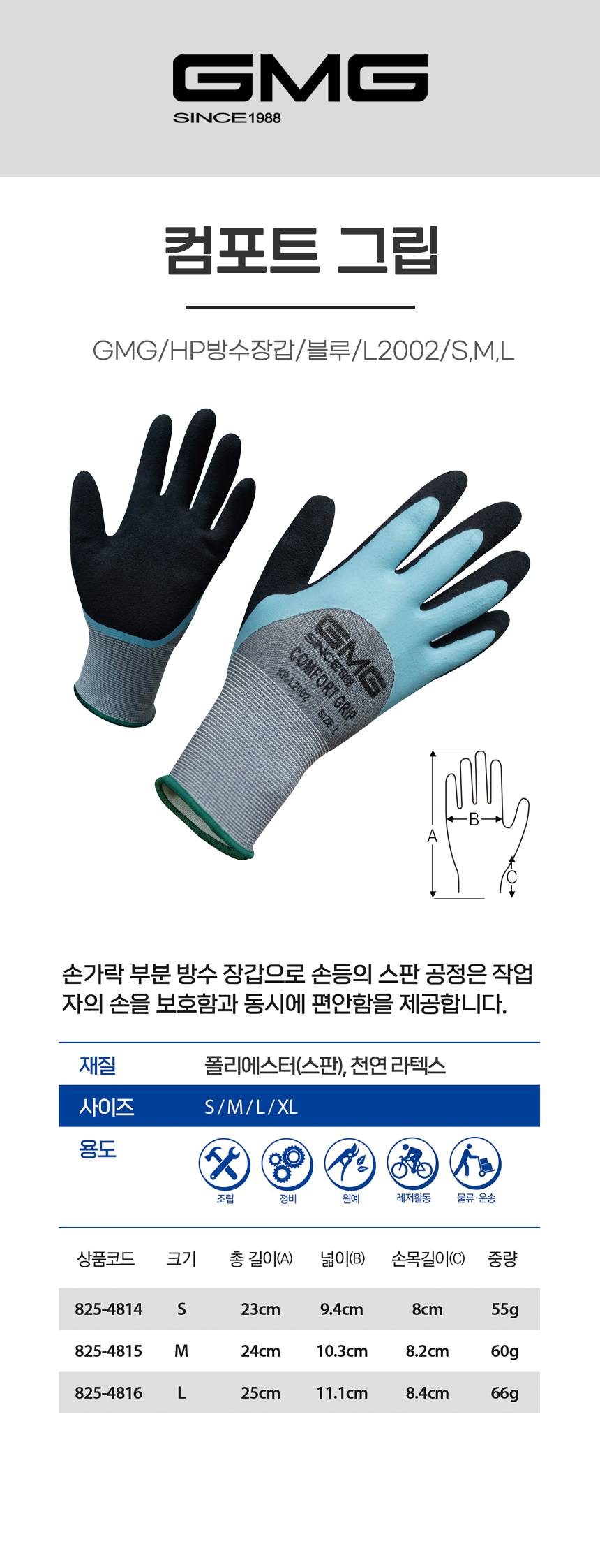 컴포트그립/GMG/HP방수장갑/블루/L2002/S,M,L,XL
