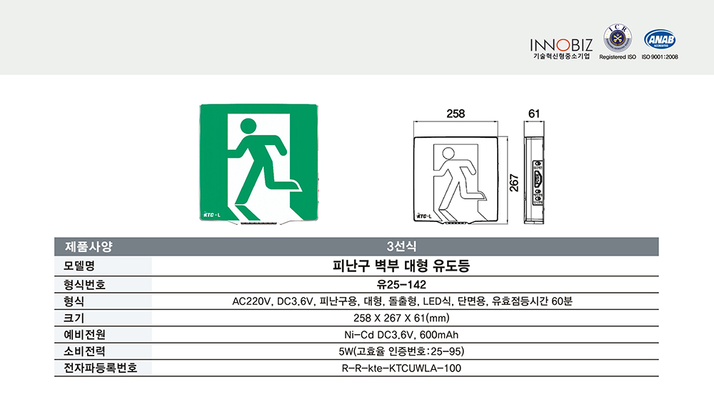 피난구 벽부 대형 유도등/3선식/케이텔/유25-142/258*267*61/개