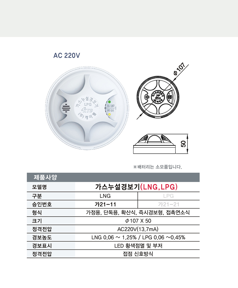 가스누설 경보기(LNG)/케이텔/가21-11/Ø107*50/개
