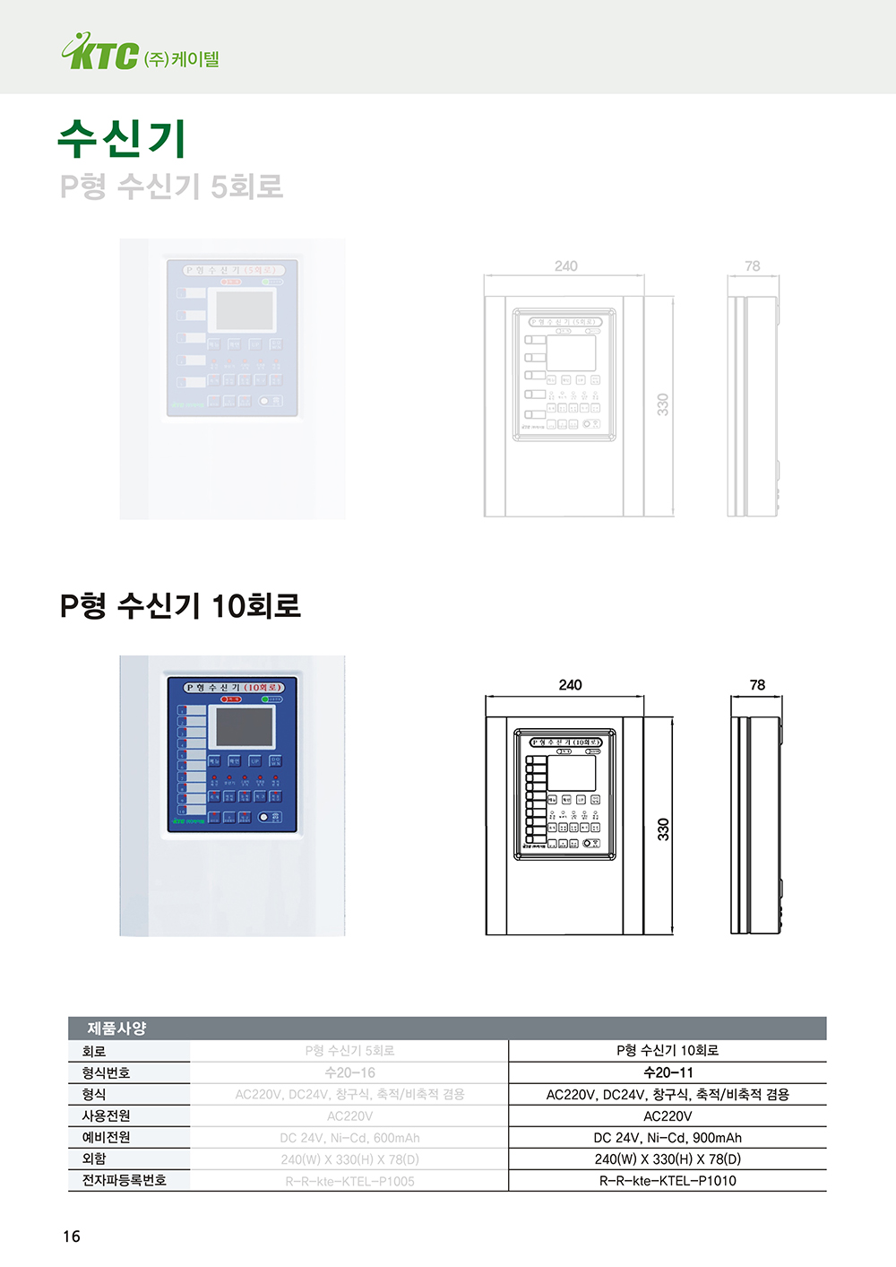 P형수신기 10회로/케이텔/240(W)*330(H)*78(D)/식