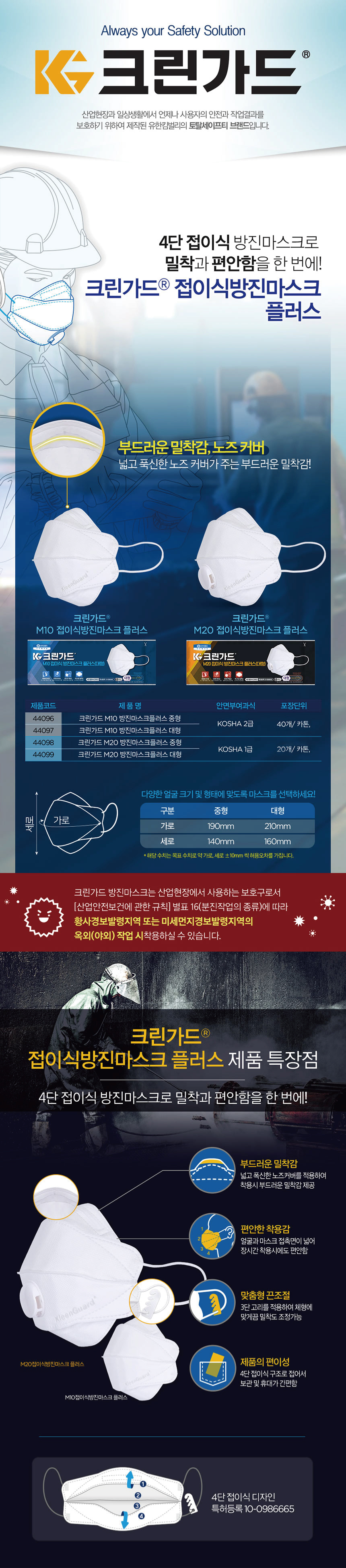 44097/M10접이식방진마스크플러스/2급/대형/40개*4카톤(박스)/크린가드/40개(카톤)
