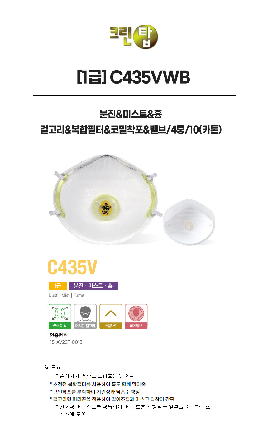 C435VWB/1급/크린탑/분진&미스트&흄/걸고리&복합필터&코밀착포&밸브/4중/10(카톤)