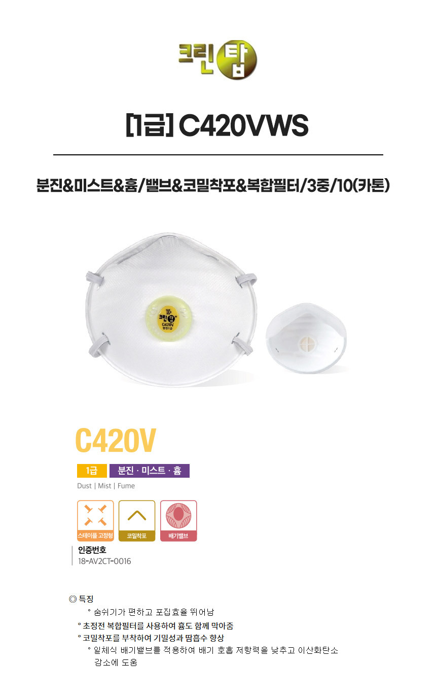 C420VWS/1급/크린탑/분진&미스트&흄/밸브&코밀착포&복합필터/3중/10(카톤)