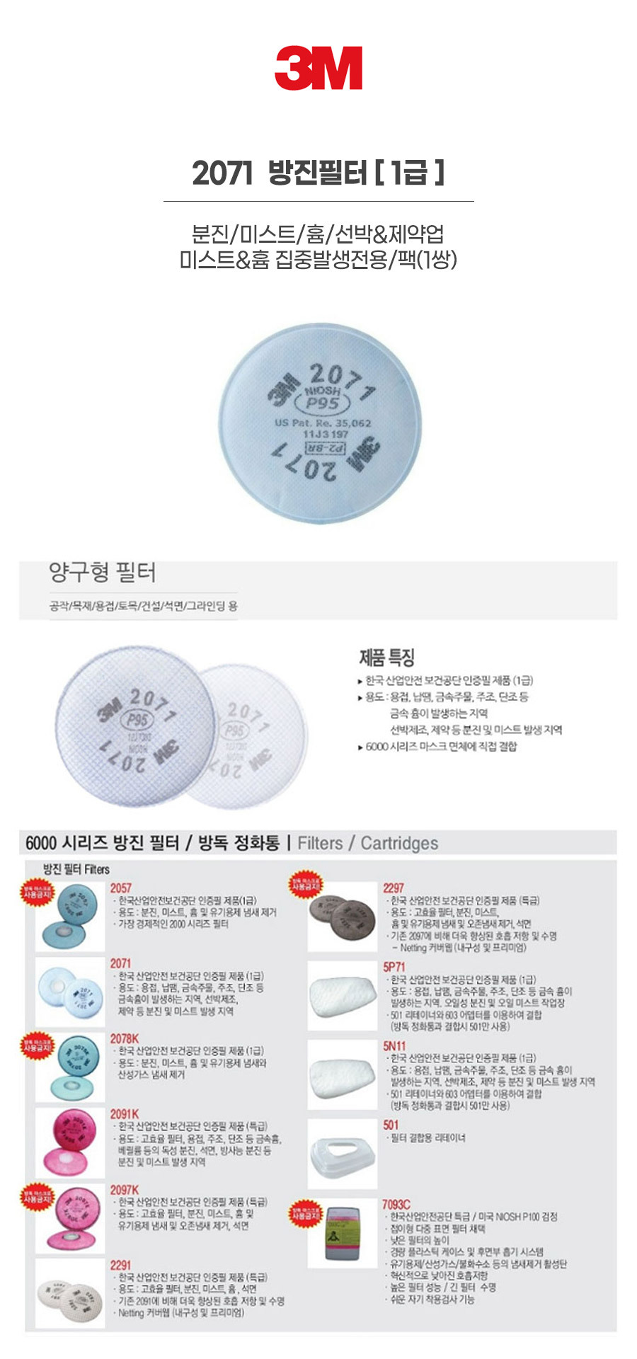 2071/방진필터/1급/3M/분진/미스트/흄/선박&제약업/미스트&흄 집중발생전용/팩(1쌍)