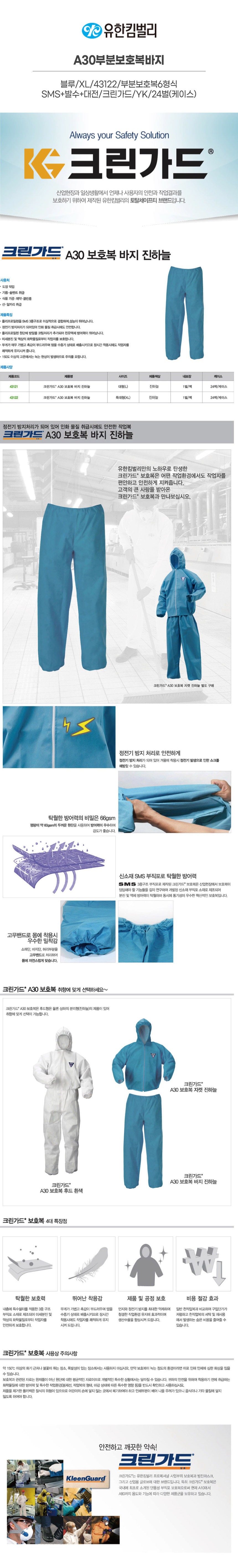 43122/A30보호복바지/블루/특대형/부분보호복6형식/SMS+발수+대전/크린가드/YK/24벌(박스)