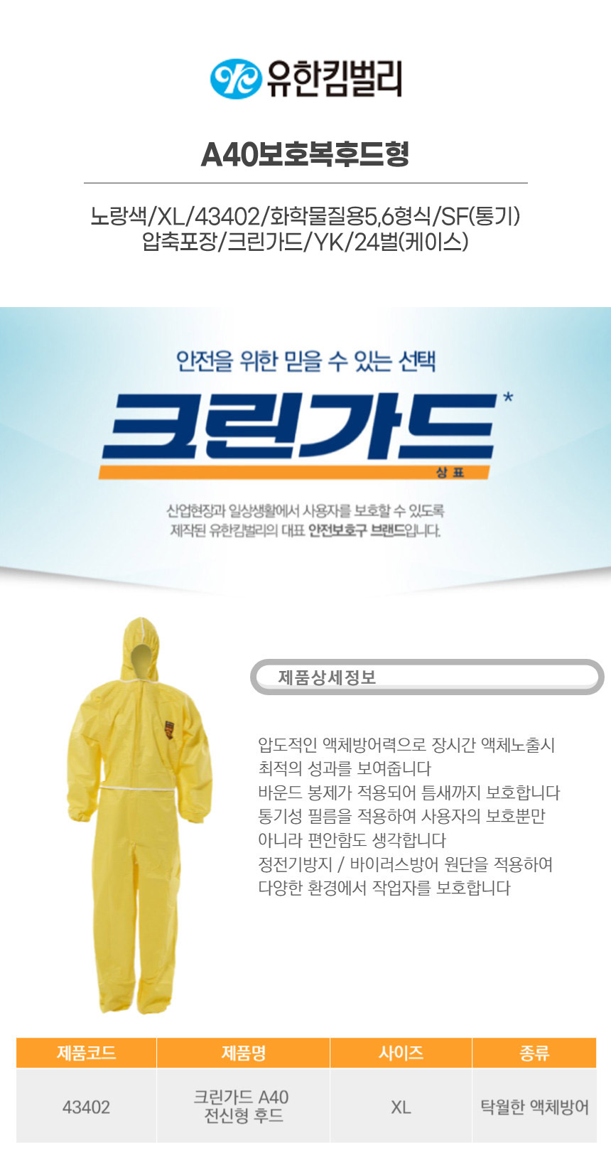 43402/A40보호복후드/옐로우/특대형/화학물질용5,6형식/SF(통기)/압축포장/크린가드/YK/24벌(박스)