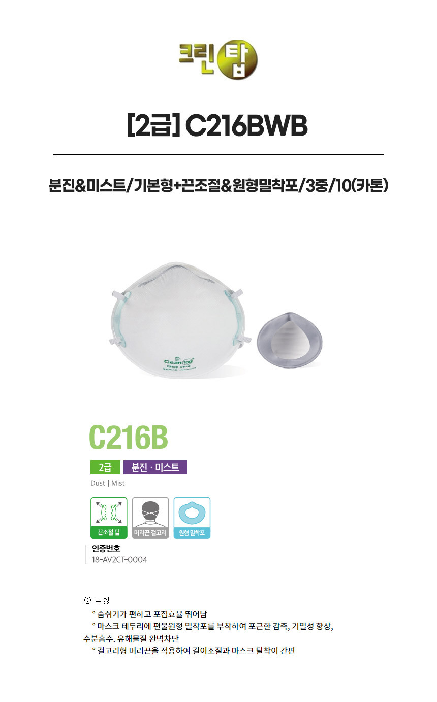 C216BWB/2급/크린탑/분진&미스트/기본형+끈조절&원형밀착포/3중/10(카톤)